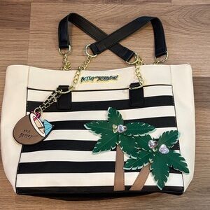 Betsey Johnson Cream and Black Striped Tote with Palm Tree Accents